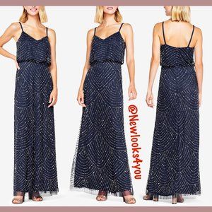 NEW Adrianna Papell Art Deco Beaded Blouson Gown in‎ NAVY Blue [SZ 12 ]